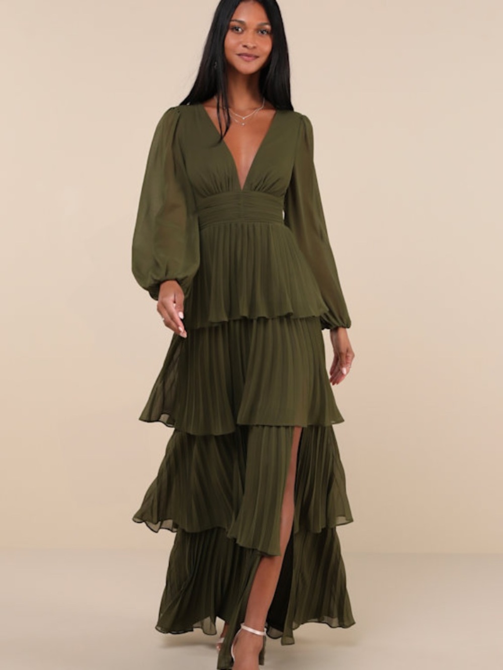 Lulus Graceful Finesse Olive Green Pleated Long Sleeve Maxi Dress - Size L
